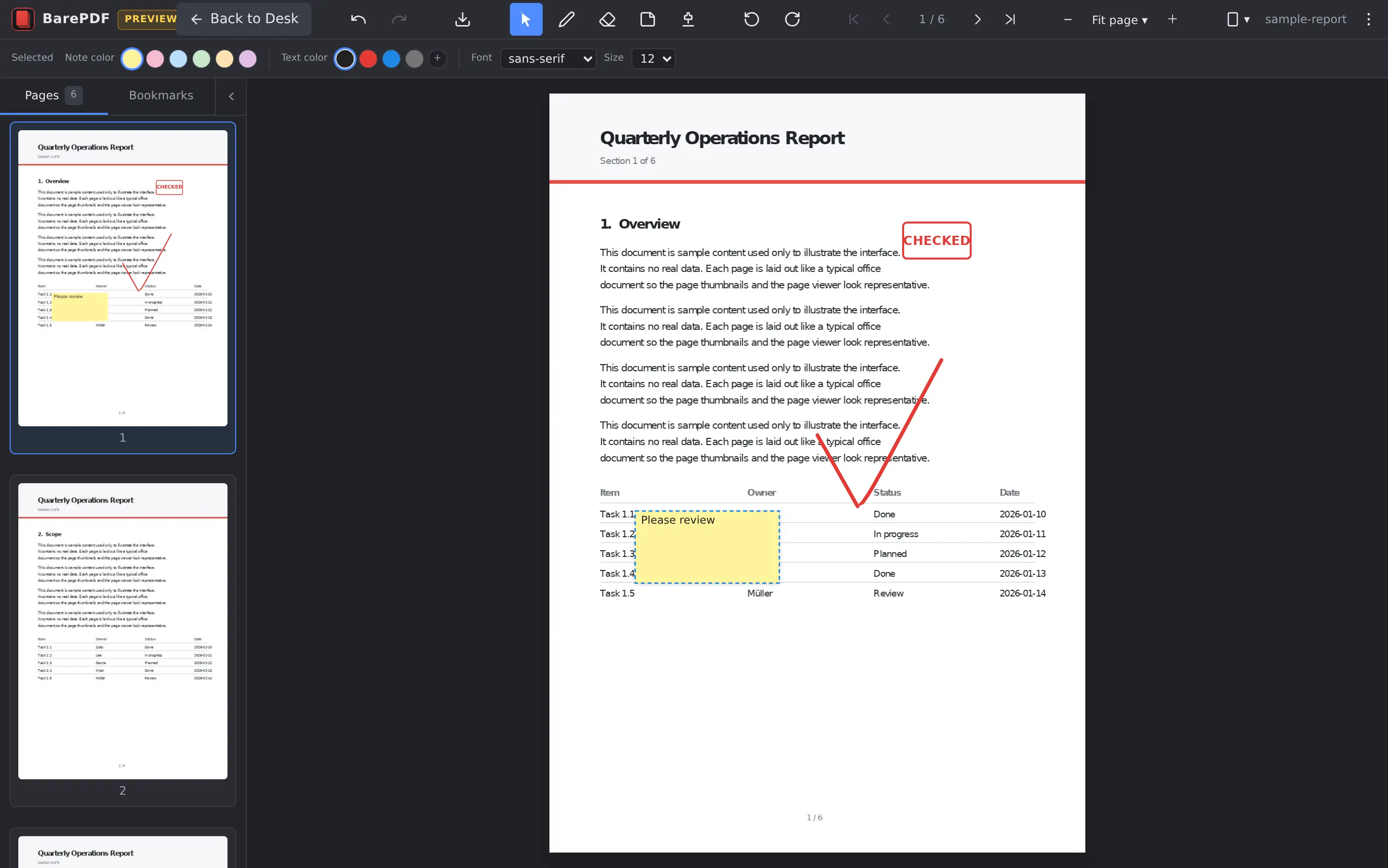 The BarePDF Editor — sidebar, page viewer, and toolbar