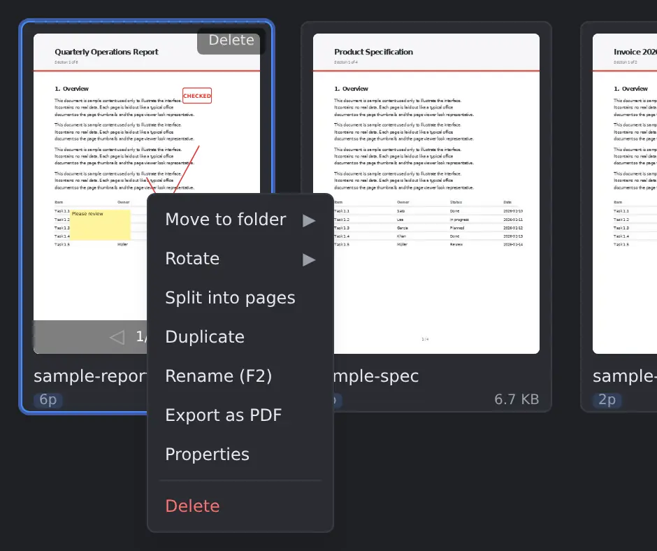 The card right-click menu with Export as PDF